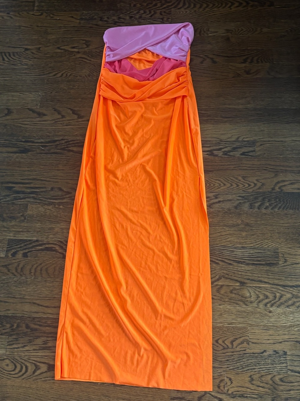 Colorblock Strapless Maxi Dress with slit and cutouts - Orange & Pink